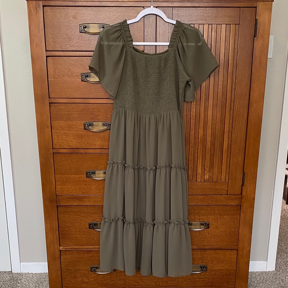 Olive Green Smocked Midi Dress